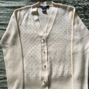 RAFAELLA Cream color Merino Wool Cardigan Sweater with Pearl Beads on front Sz M